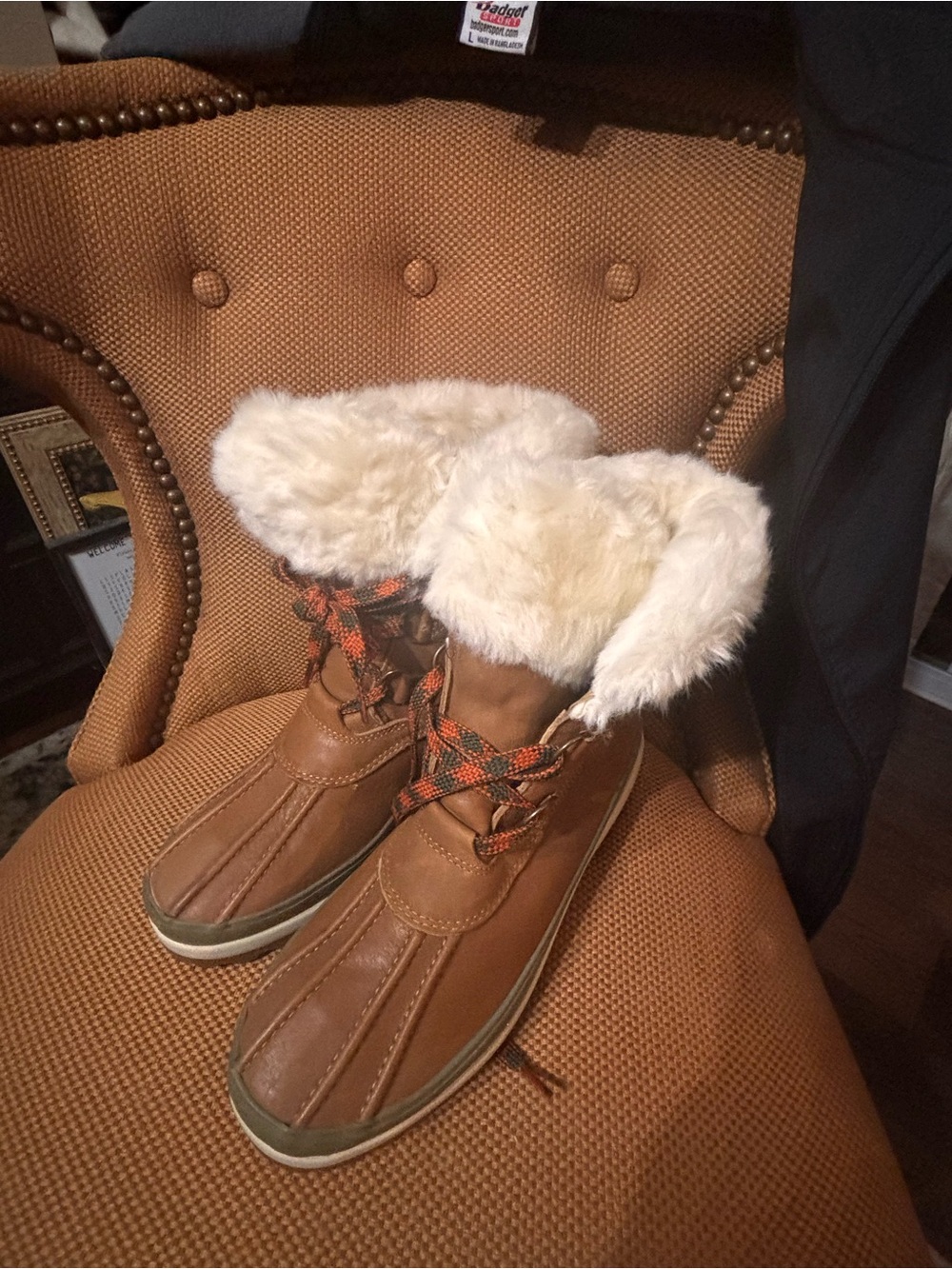 Sperry Brown Faux-Fur Collar Winter Duck Boots with Accent Laces 9.5